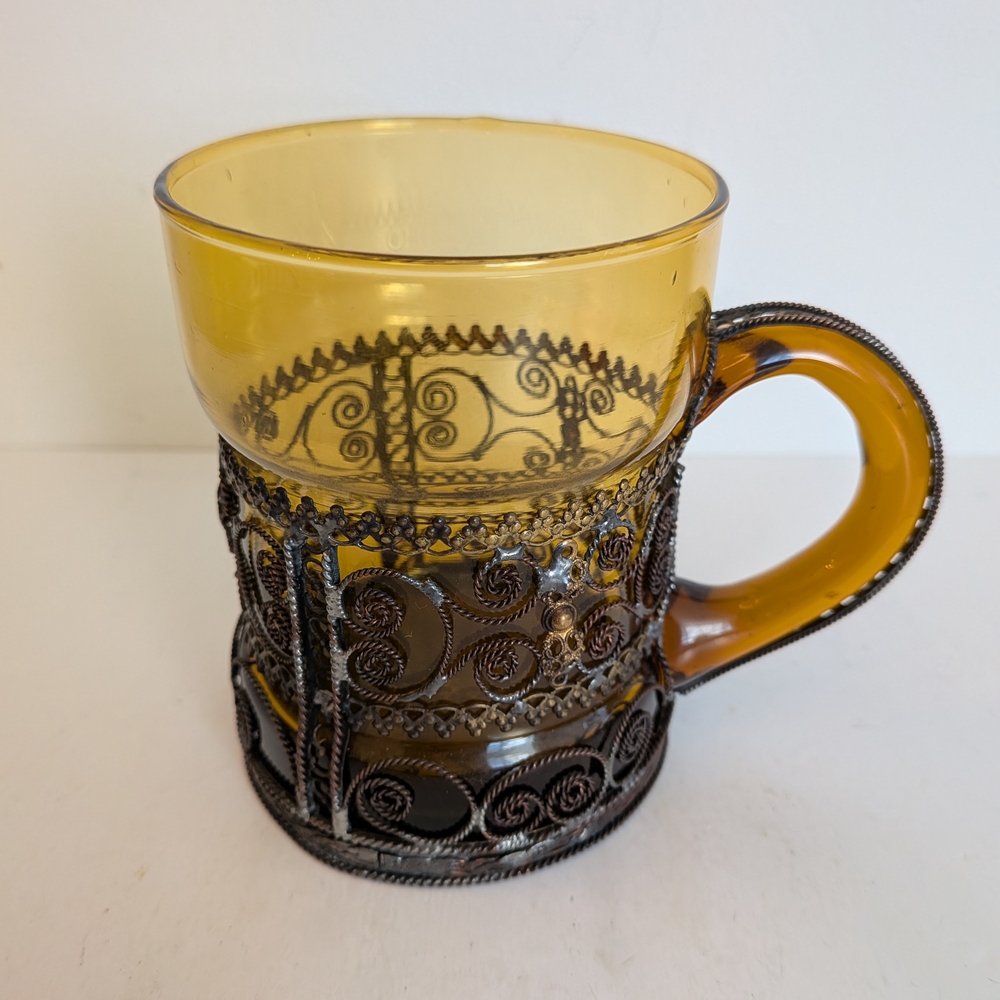 Vintage Amber Glass Cased Mug Cup with Metal Filigree Casing Russian